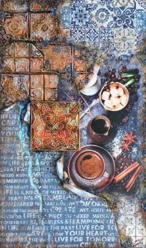 Онлайн курс “Кофе с корицей, создание двух панно микс медиа арт, с имитацией старой терракотовой плитки и эмалевой поверхности, с гранжевыми и золотыми акцентами”, 12 уроков, 2 цветовых решения