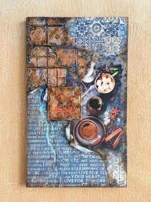Онлайн курс “Кофе с корицей, создание двух панно микс медиа арт, с имитацией старой терракотовой плитки и эмалевой поверхности, с гранжевыми и золотыми акцентами”, 12 уроков, 2 цветовых решения